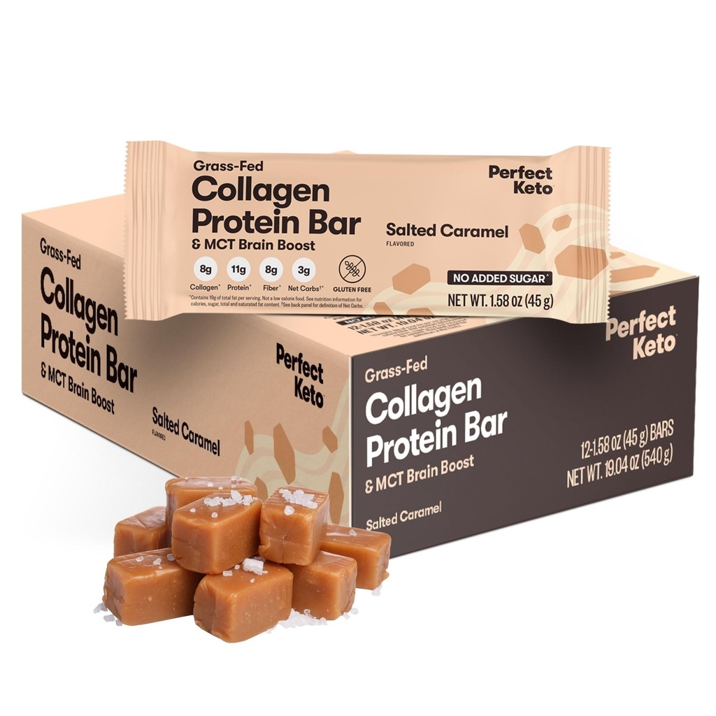 Perfetto Keto Bars - Il più pulito Keto Snacks con collagene e MCT. No Aggiunto Zucchero, Keto Diet Friendly - 3g Carbs Net, 19g Fat, 11g Protein - Diet Food Dessert (Salted Caramel, 12 Bars)