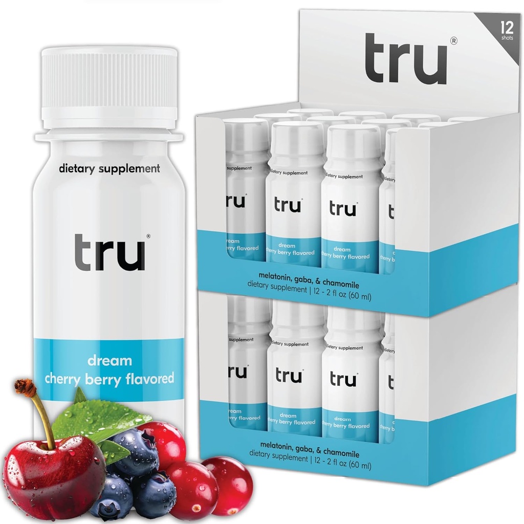 Tru Dream Shot, Cherry Berry Aromaed Deep Sleep Aid Shots - Zero Sugar Calm Sleep Drink Plus Melatonin, GABA, Chamomile - Caffeine Free, GF, Keto, Natural Flavors, Vegan Supplement, 2oz (Pack of 24)