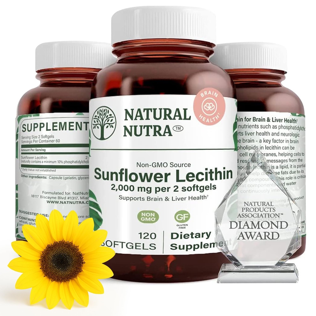 Nutra naturale Sunflower Lecithin 2000 mg Supplemento, Supporta l'allattamento mamme con latte Plugged Duct Relief, Liver & Brain Health Booster, Soy Free, Non-GMO, Gluten-Free, 120 Softge