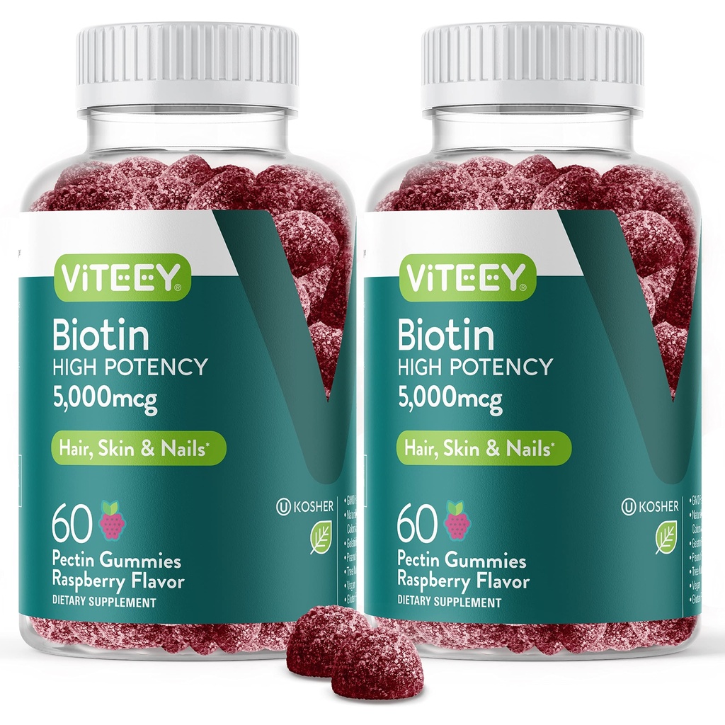 VITEEY Biotin Gummies per la pelle e le unghie dei capelli - Biotina per la crescita dei capelli Gummies - 5000 mcg - Vegan, senza glutine, non OGM – 120 Conte