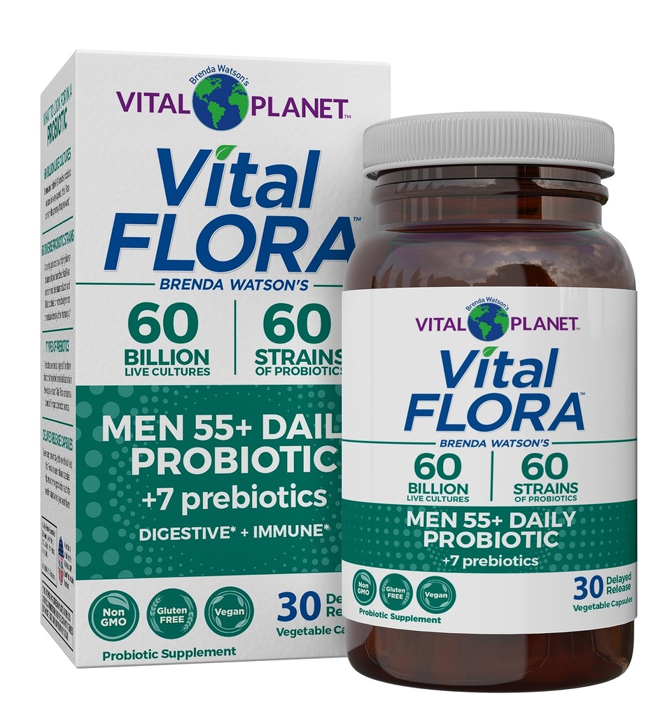 Vital Planet - Vital Flora Uomo 55+ Probiotici giornalieri, 60 miliardi di CFU, 60 Diverse Strains, 7 Prebiotici Organici, Supporto Immune, Rilievo Gas, Probiotici per la Salute Colon e Digestiva per Uomo 30 Capsule