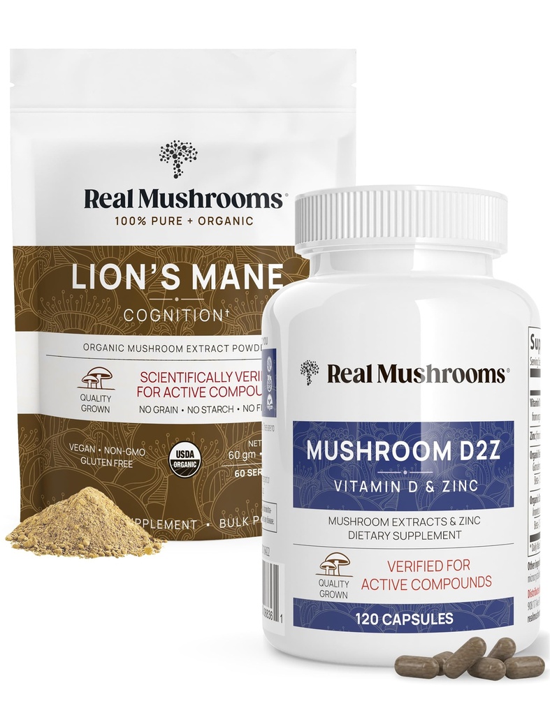 Vitamina D2, Zinco Chelato, Chaga, Reishi (120ct) e Polvere Mane del Leone Organico (60 Serve) Bundle - Immunità e supporto cognitivo, Assorbimento Migliorato - Vegan, Gluten Free, Non OGM