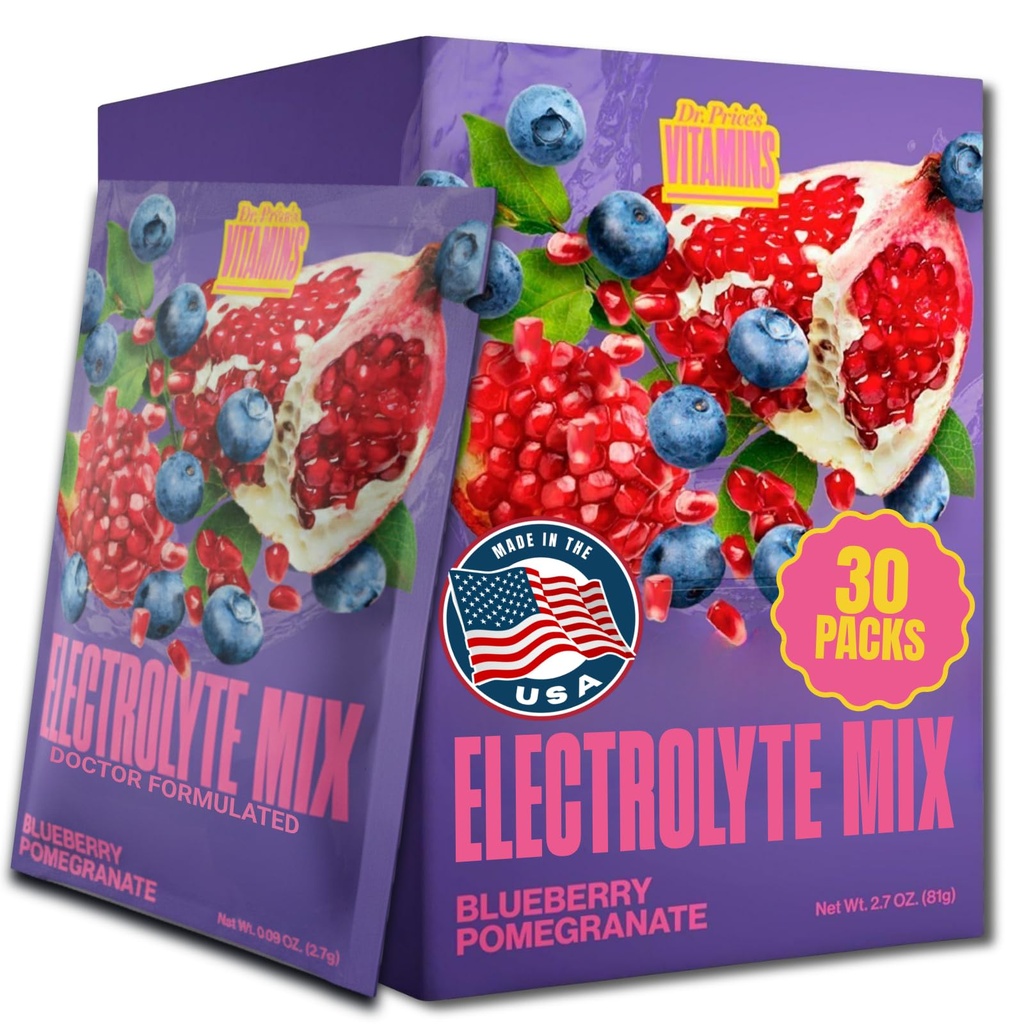 Dr. Price Vitamins Electrolyte Mix Supplement Powder, 72 Trace Minerals, Potassium, Sodio, Elettrolita Sostituzione Keto Drink | Blueberry-Pomegranate 30 Packets | No Sugar, Keto, Vegan, Non OGM