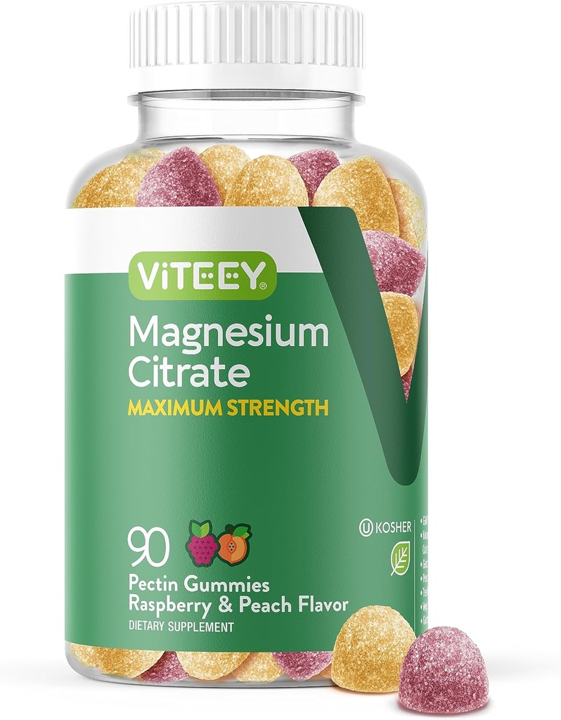VITEEY Magnesio Gummies per adulti - 255mg di Magnesio Citrato Gummy per calma, sonno, Nerve & Muscle Function Support - Vegan, Gluten Free - 90 Count