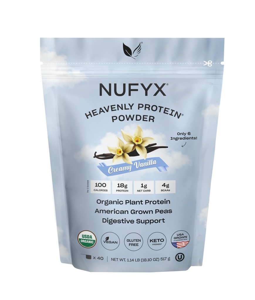 NUFYX® • Polvere Heavenly Protein® • Piselli coltivati al 100% biologici al mondo • Vegan • Gluten Free • Carb basso (Vanilla sana, 40 Scoops)