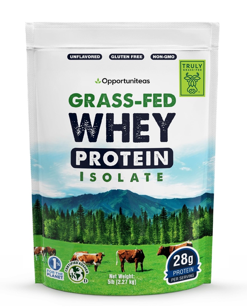 Opportuniteas Grass Fed Whey Isolate Protein Powder - Polvere non aromatizzata di proteine 28g senza dolcificanti artificiali, cows senza ormoni, non OGM - 5lb