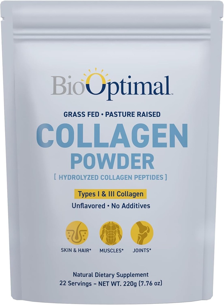 Polvere di peptidi di collagene bioOptimal - Grass-Fed, Pasture-Raised Hydrolyzed Protein Supplement per pelle, capelli, & chiodi - Non OGM, Zero Sugar Daily Supplement per uomini e donne (22 Serve)