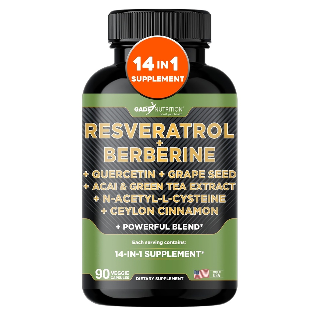 Gade Nutrition Resveratrolo Berberine Quercetin Estratto di seme verde Estratto di tè N-Acetil Cysteine - 14 in 1 supplemento complesso per le donne e gli uomini con potenti antiossidanti - Made in Italy