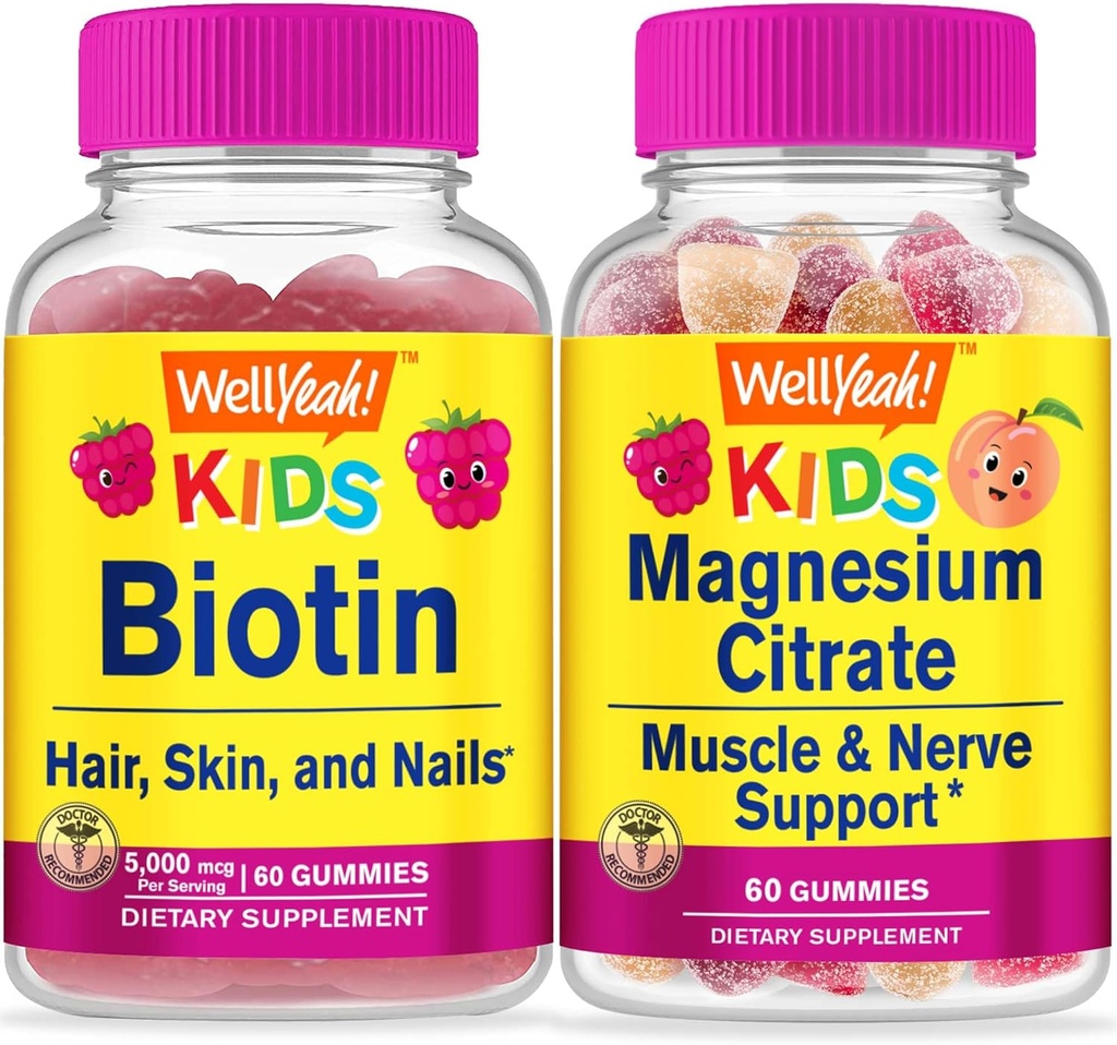 WellYes Biotin Kids + Magnesium Citrate Kids, Gummies Bundle - Grande degustazione, Integratore di vitamina, Senza glutine, OGM libero, Gomma masticabile