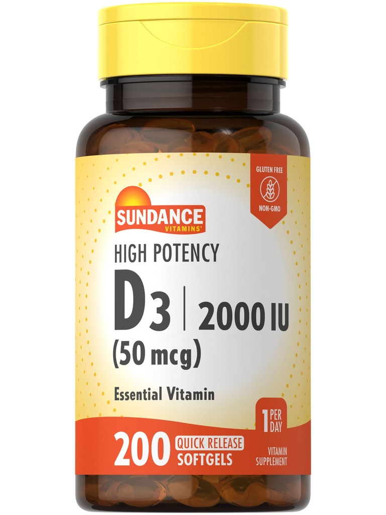 Sundance High Potency D3 2000 IU | 200 Softgel a rilascio rapido | Formula di vitamina essenziale | Supplemento gratuito non OGM e Gluten