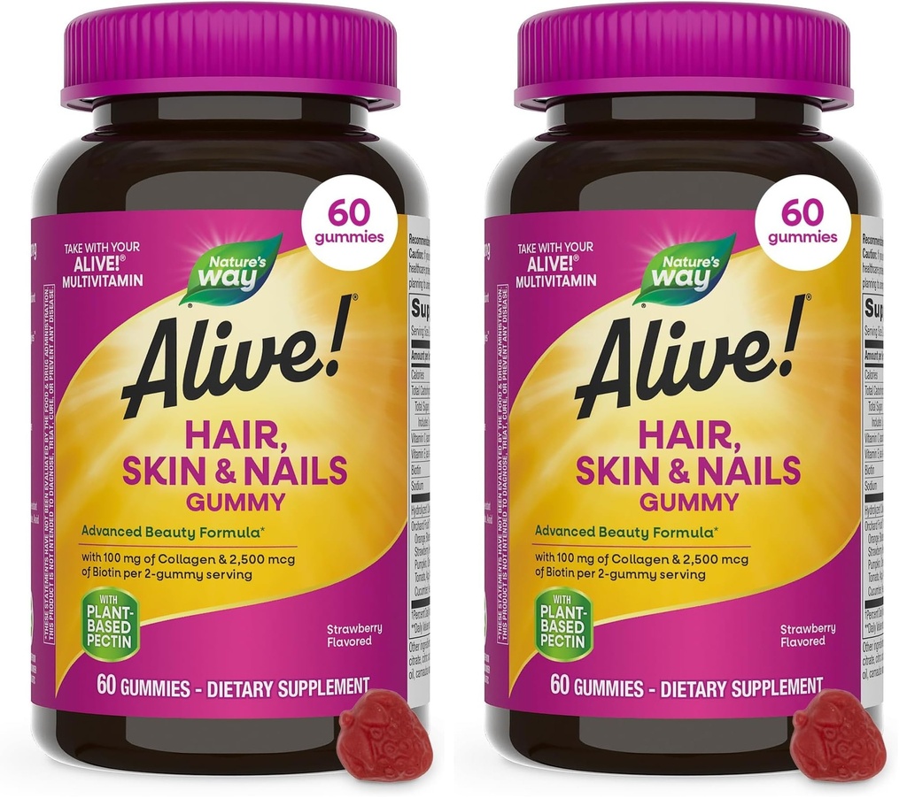 La Via della Natura Viva! Hair, Skin & Nails Gummies, Advanced Beauty Formula*, con Biotin e Collagen, Aroma di fragole, 60 Gummies (Packaging May Vary) (Pack of 2)