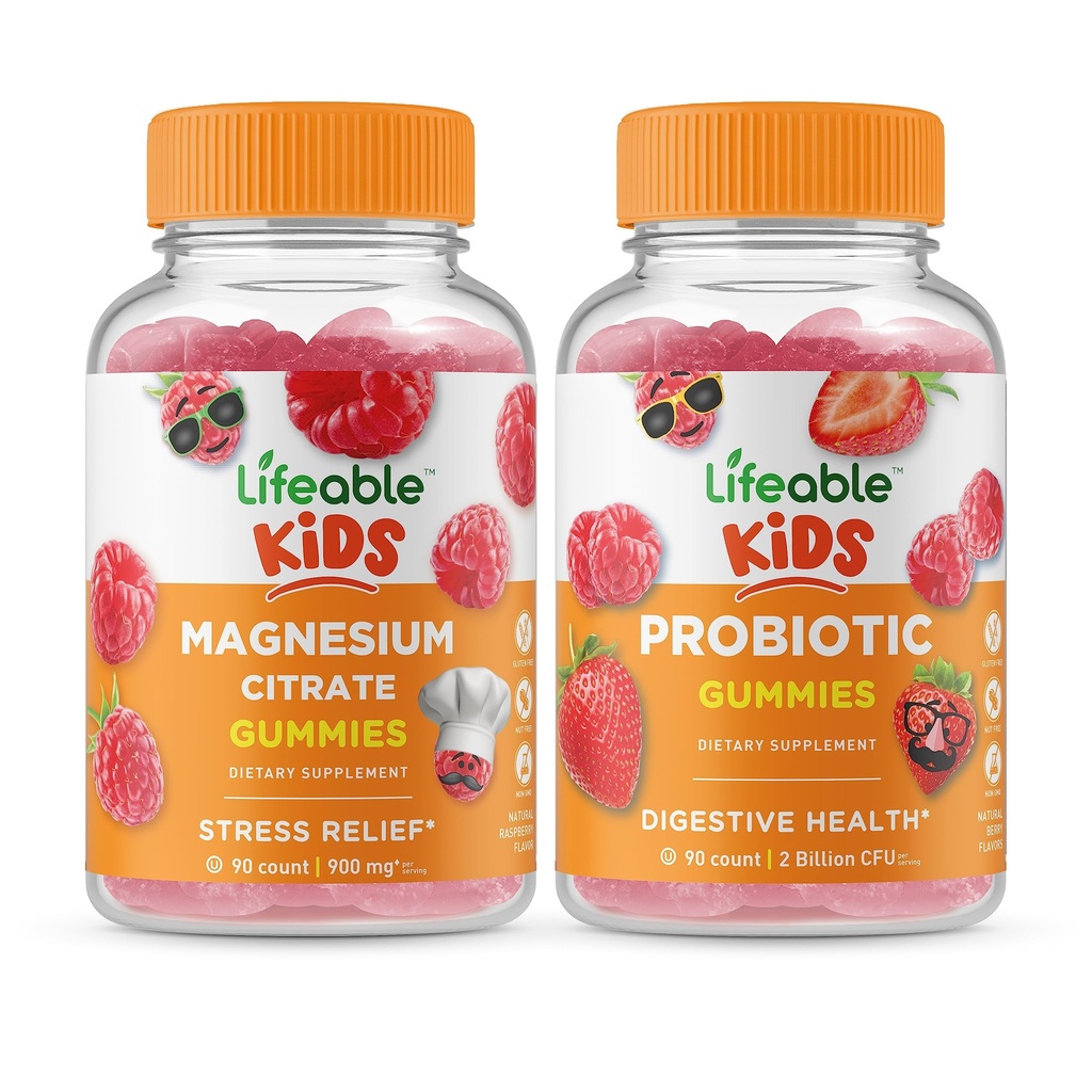 Bambini di Magnesio vitali + Probiotico 2 miliardi di CFU Bambini, Gummies Bundle - Grande degustazione, Supplemento di vitamina, Senza glutine, OGM libero, pancia masticabile