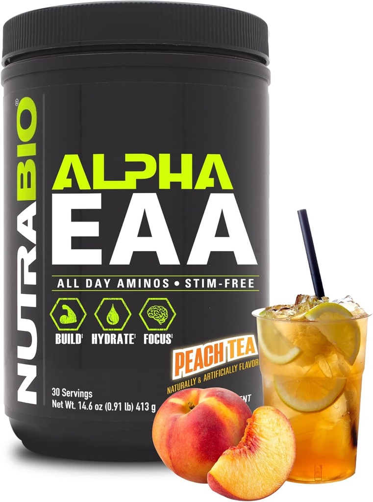 NutraBio Alpha EAA - Aminoacidi All-Day per la crescita muscolare e l'idratazione - Aminoacidi essenziali con Nootropics & Adaptogens- Polvere EAA BCAA a spettro completo - 30 Serve - Peach Tea
