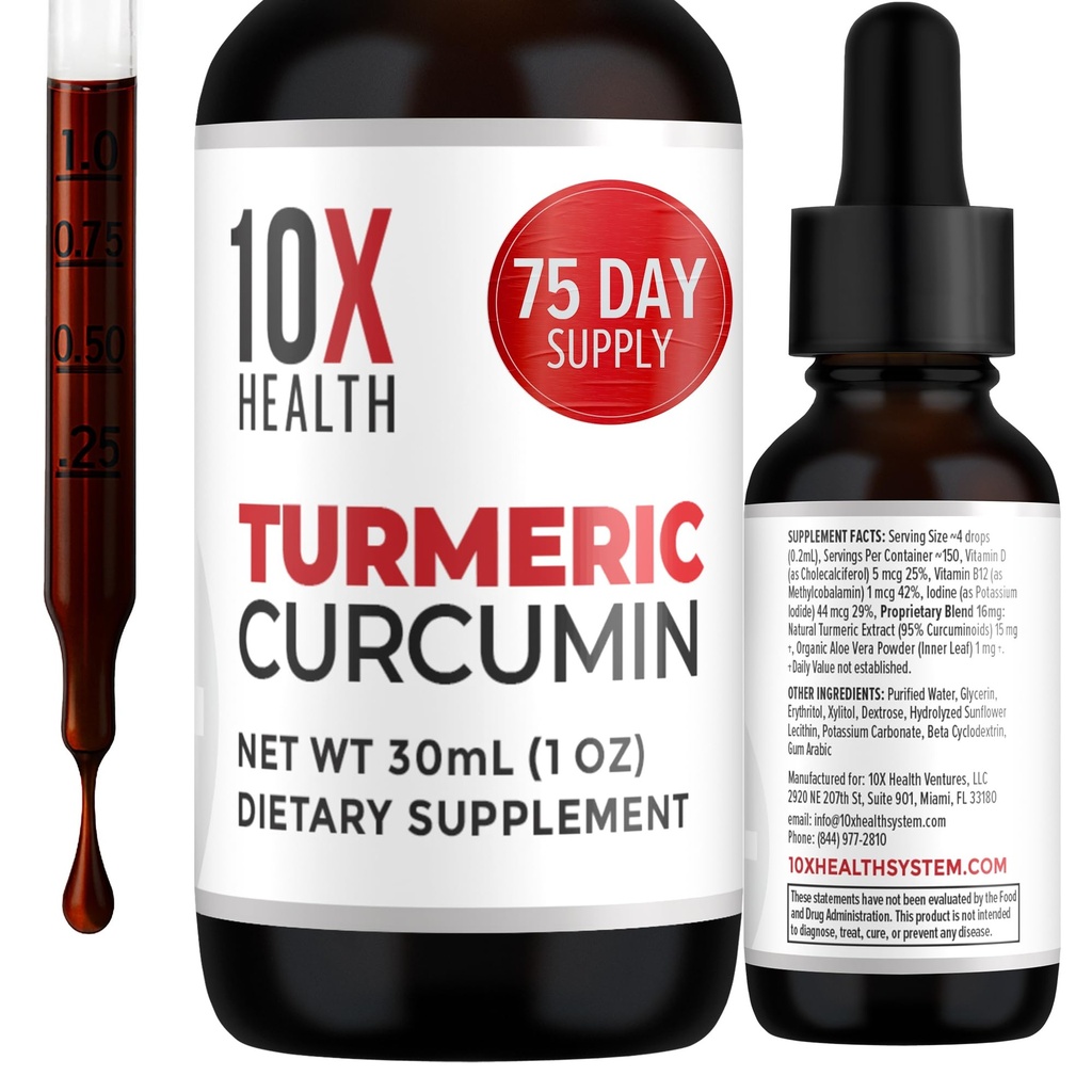 10X salute curcuma curcuma supplemento con vitamina D3 & B12-30mL alto assorbimento supplemento di curcuma per i supplementi congiunti per le donne, l'immunità e la salute del cuore - Curcuma, supplementi curcumina