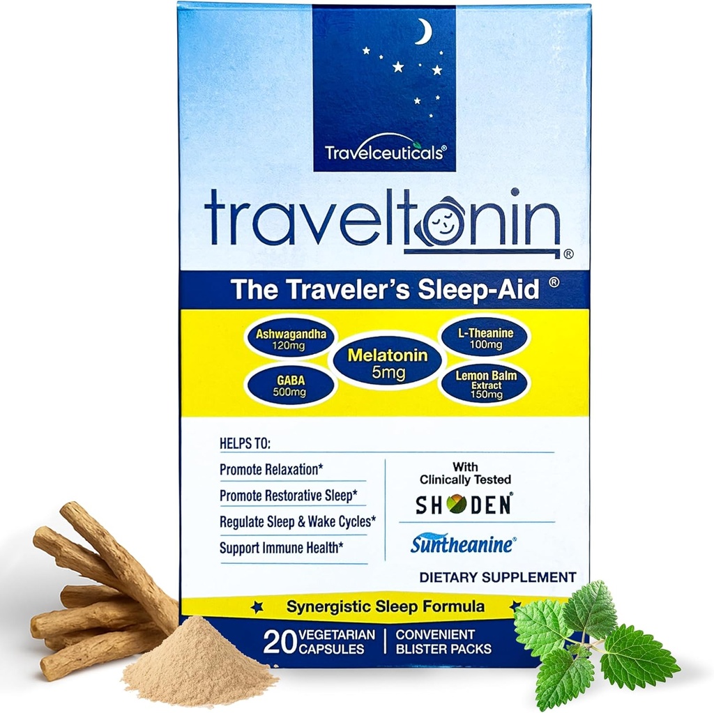 Aiuto al sonno di viaggio | Get Jet Lag Relief, sonno riposante, supporto immunitario | Volo, Hotel Essential | 5-in-1 Formula w/Melatonin, Ashwagandha, L-teanina, GABA, Lemon Balm | 20 capsule | Blister Packs