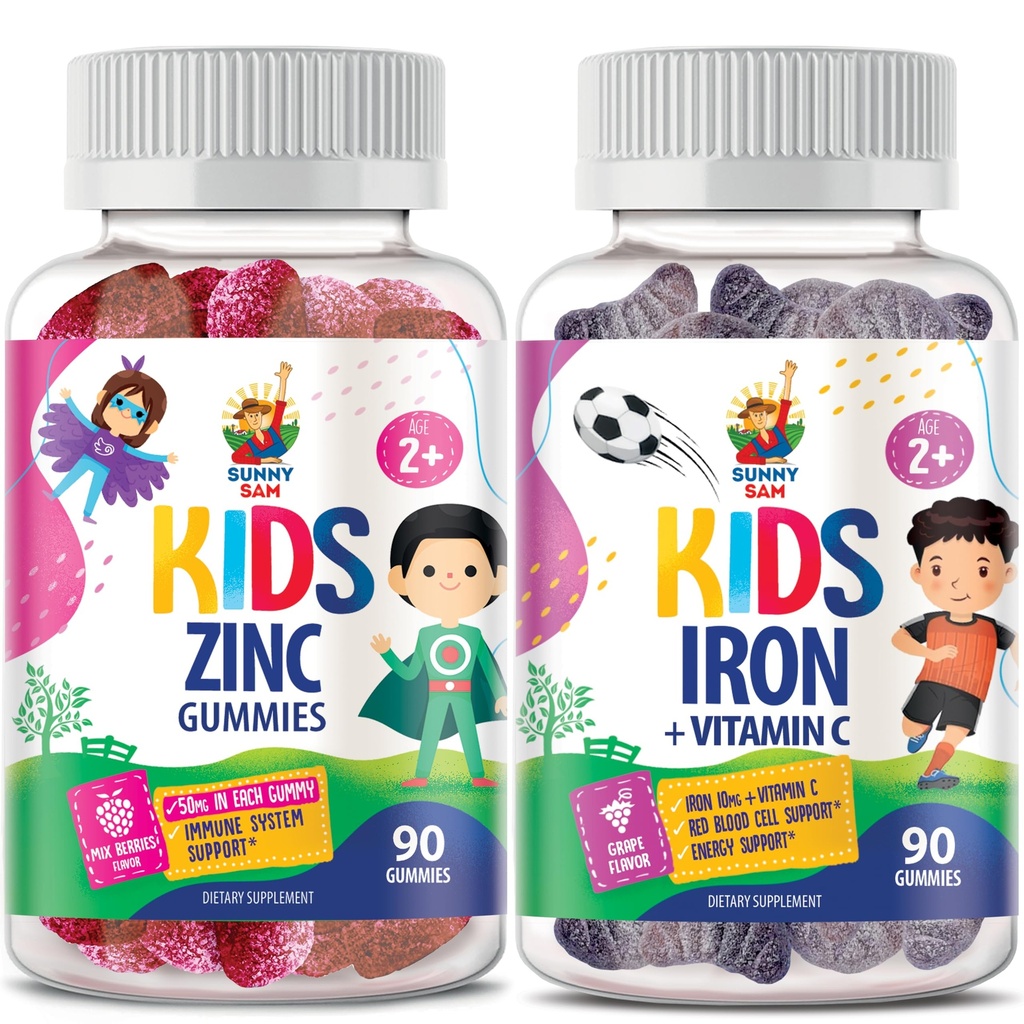 Gummie di ferro per bambini e gommoni di zinco per bambini. Vitamine di ferro con vitamina C. Gomma masticabile in zinco per il supporto immunitario - potente antiossidante naturale supplemento non OGM per bambini Donna Adulti