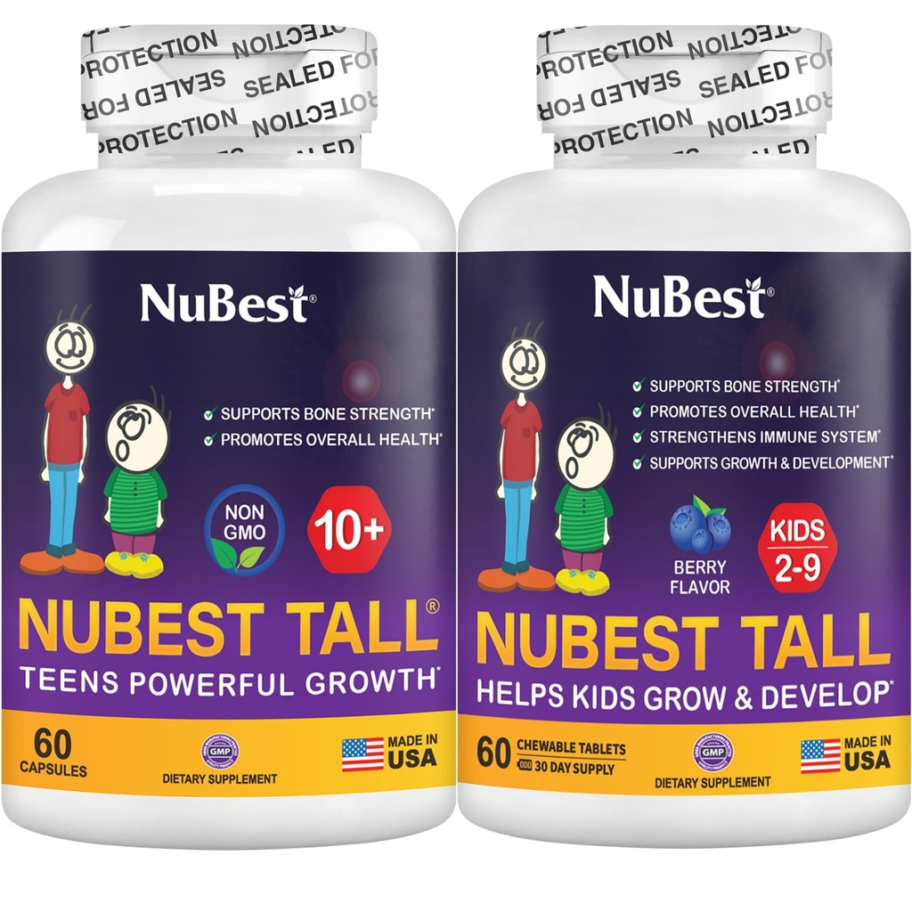 NuBest Bundle Tall 10+ 60 capsule Tall Kids 60 compresse masticabili | Supporto di crescita per bambini e adolescenti | Calcium, Vitamine D3 K2, Collage & Erbe