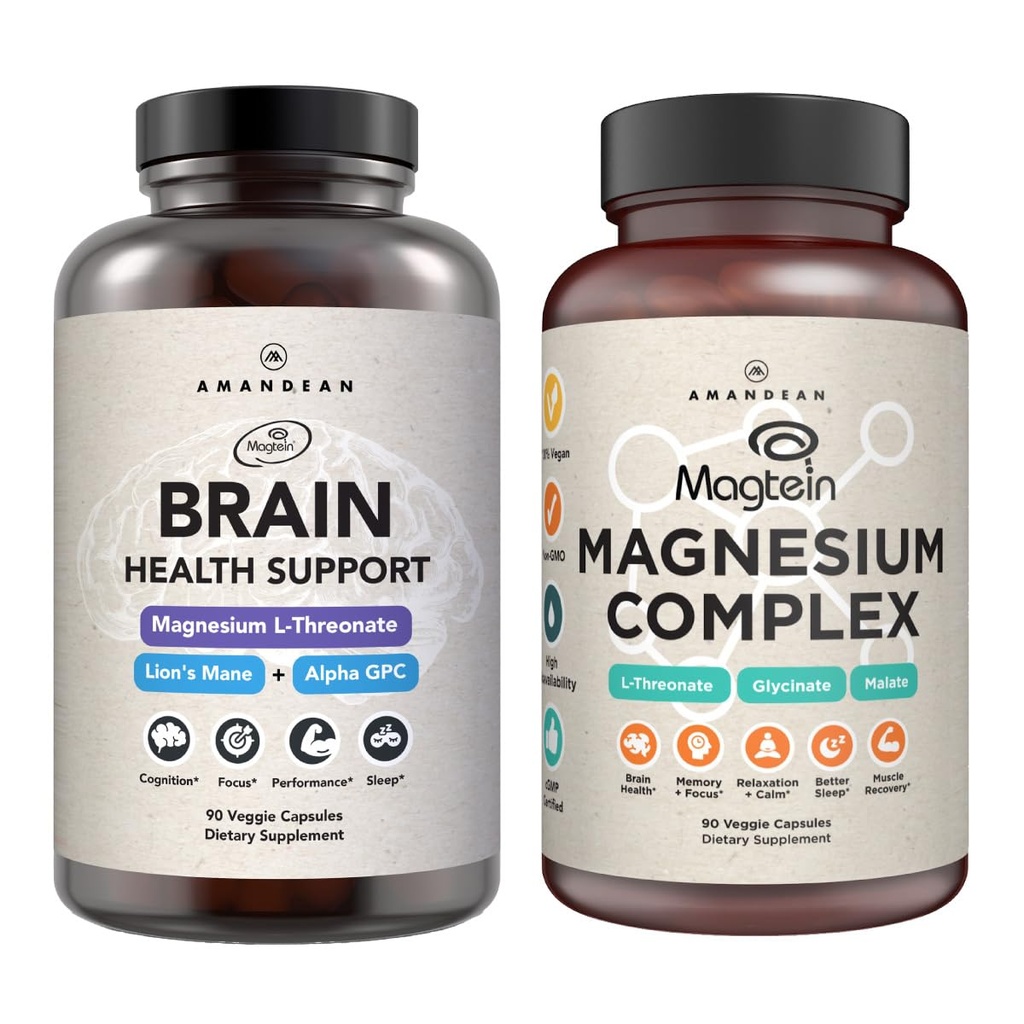 AMANDEAN Premium Brain & Magnesio Bundle: Magnesio ad alto assorbimento L-Threonate, Glycinate & Malate, USA-Grown Organic Lion’s Mane 6:1 Extract, e Alpha-GPC. Supporta la salute cognitiva, messa a fuoco e sonno