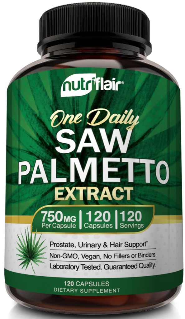 NutriFlair Saw Palmetto Extract 750mg, 120 Capsule - Integratore Prostatico Naturale & Berry Health Support - Aiuta Block DHT a prevenire la perdita dei capelli e aiuta a ridurre l'urinazione frequente, per le donne e gli uomini