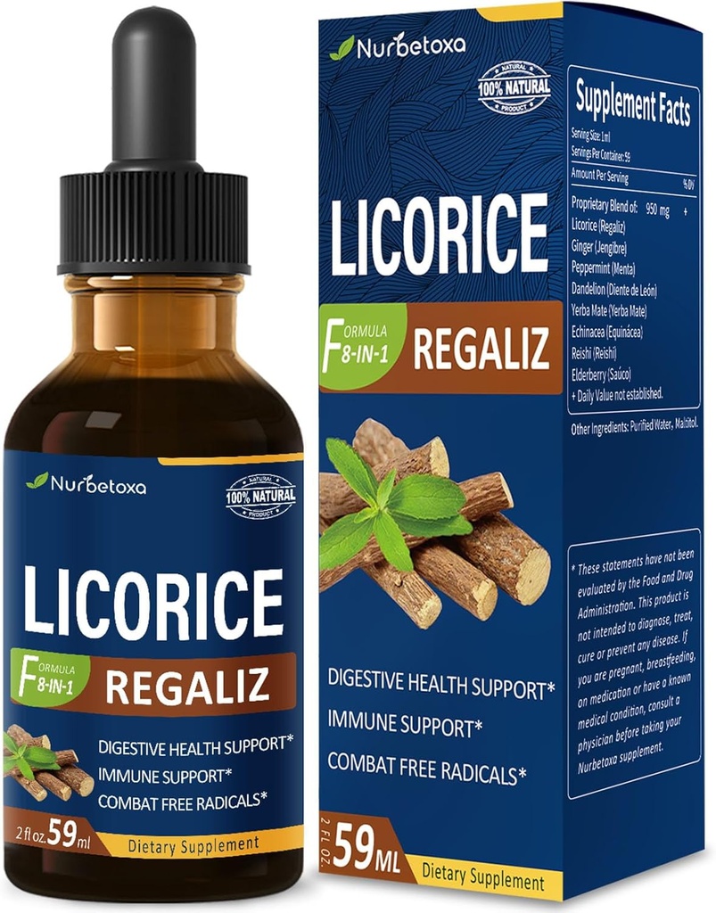 Estratto di radice di liquirizia gocce per la salute digestiva, naturale Herbal Bloating Relief e Immune Support Liquid Tincture Supplement con Dandelion, Peppermint, Ginger. extrato de Regaliz. 2oz