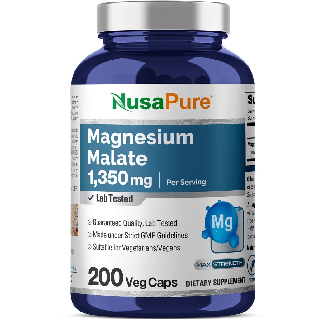 NusaPure Magnesio Malato 1350mg 200 capsule vegetali (Vegan, Non OGM, Vegan)