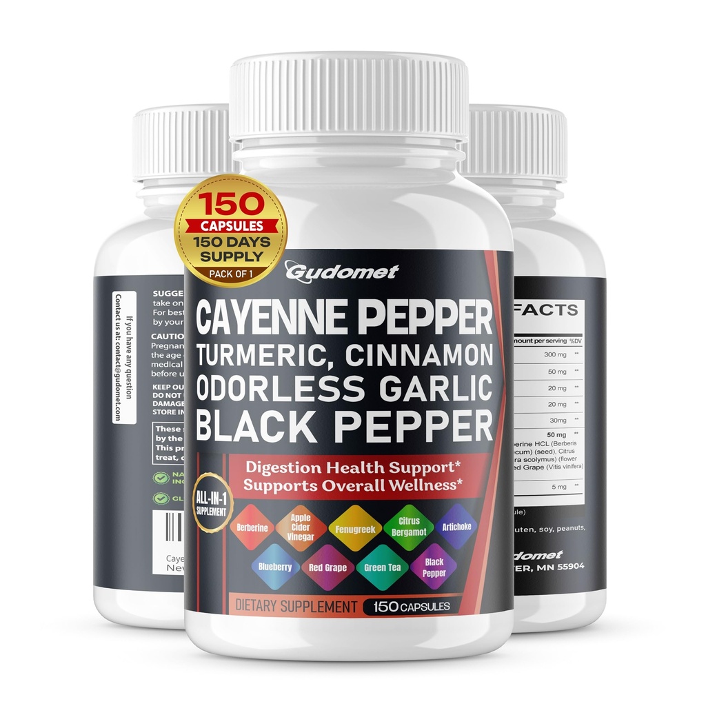 Pepe di Cayenne Turmeric Odorless Cinnamon Fenugreek Citrus Bergamot Artichoke Blueberry Green Tea Black Pepper -150 Capsules- Made in Italy