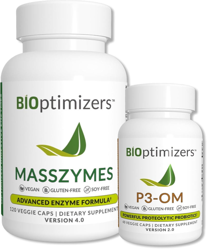 BiOptimizers - P3-OM e MassZymes Bundle - Premium Digestive Enzymes and Probiotics for Women and Men - Doctor-Formulated (120 MassZymes Capsules, 60 P3-OM Capsules)