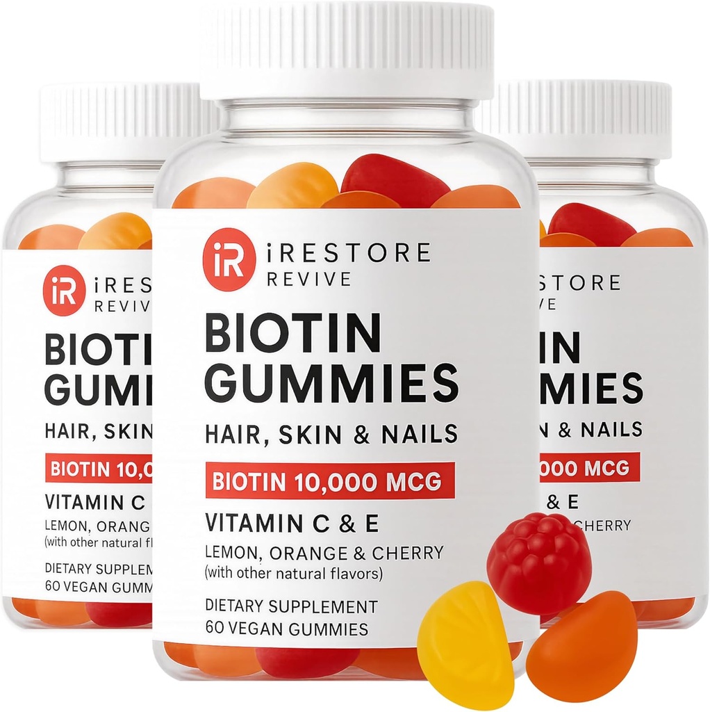 iRestore Hair Gummy Vitamine, Vegan Biotin Gummies for Hair Skin and Nails, Hair Growth Gummies for Women & Men, Biotin 10.000mcg, 3PK
