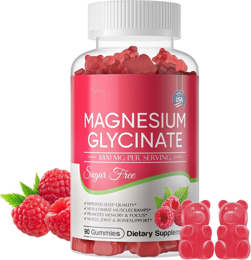 Magnesio Glycinate Gummies 700mg, Zucchero Gratuito Magnesio Glycinate, Magnesio Complesso Potassio Supplemento con Potassio, VitaminD, B6 per il Supporto Calma & Sonno per Adulti - 60 Raspberry Gummies