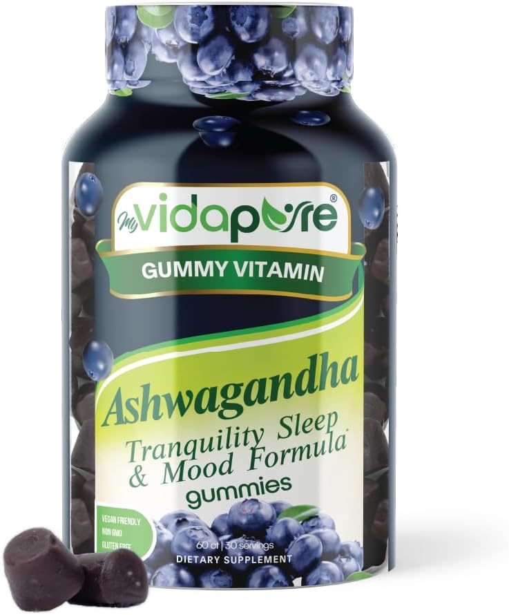 Ashwagandha Gummies, Estratto di radice di Ashwagandha ad alta potenza con Magnesio Glycinate, Melatonina, B6, Radice Valeriana, GABA, Fiore della passione per gli uomini e le donne.