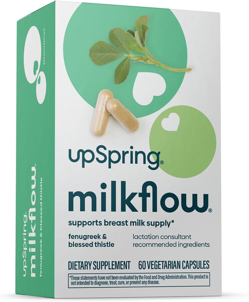 UpSpring Milkflow Lattazione Supplemento per la fornitura di latte Aumento, Integratori di allattamento con Fenugreek & Beato Thistle, Non OGM, Lattazione Support 60 Vegan Capsule