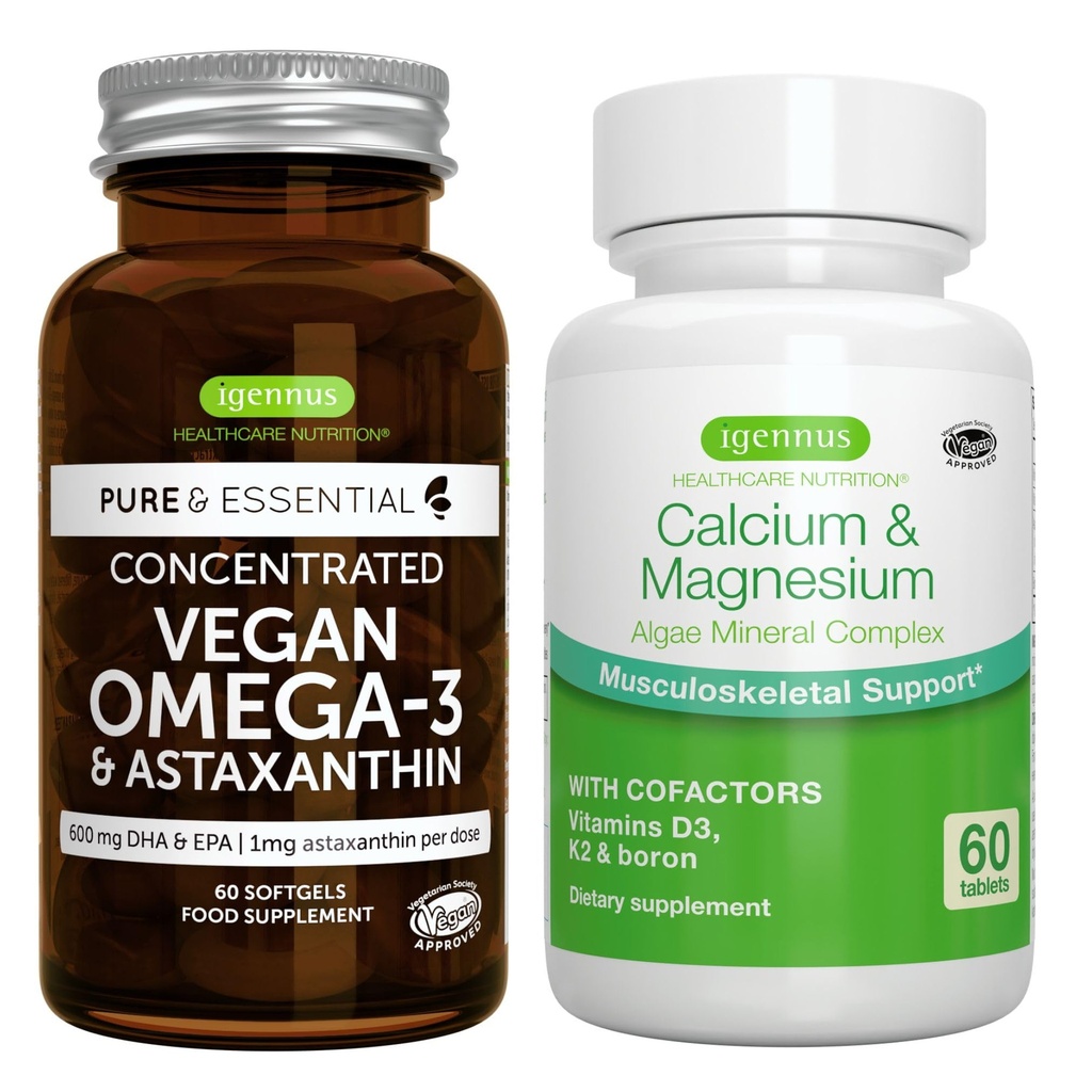 Vegan Omega-3 + Calcium & Magnesio Complesso Vegan Bundle, EPA sostenibile & DHA Algae olio 1340mg + 2:1 Complesso minerale basato sulle piante, di Igennus