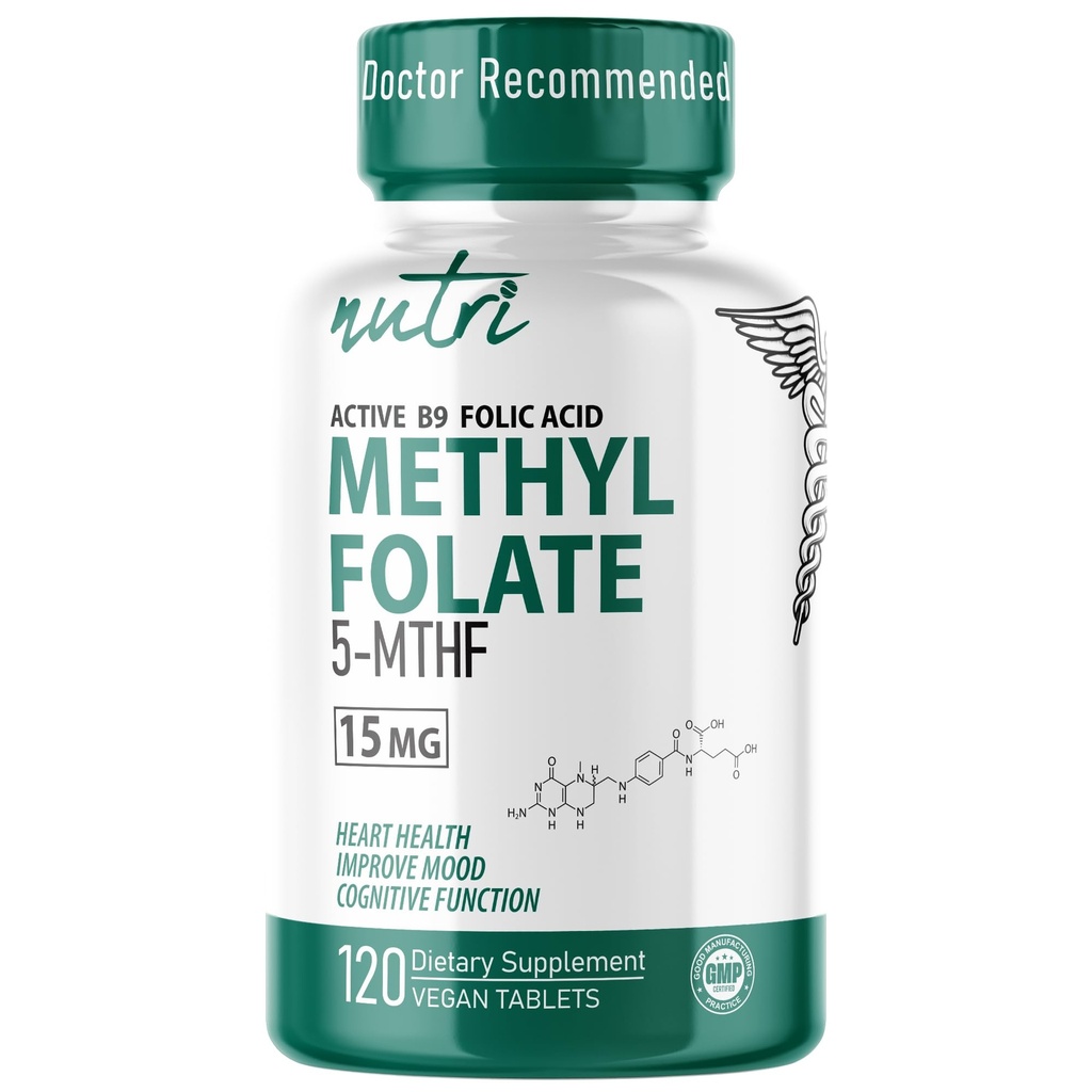 Nutri 5-MTHF L Methylfolate 15MG - 4 mesi di alimentazione, 120 compresse vegane - Supplemento di Folato metilato - Funzione cognitiva, salute del cuore, supporto prenatale - 3rd Party Tested - Facility certificata NSF