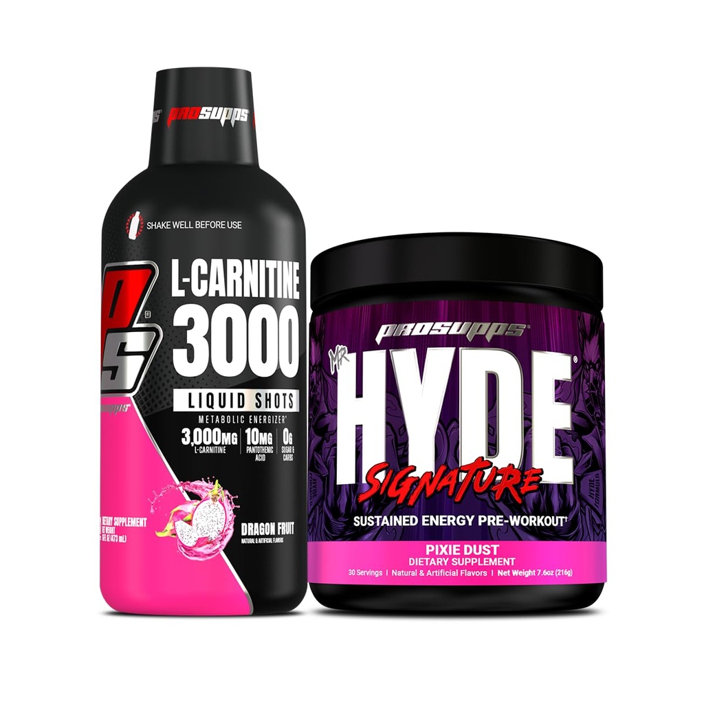 PROSUPPS L-carnitina 3000 Stimolant Liquid Shots (31 Serve, Dragon Fruit) e Mr. Hyde Signature Series Pre-Workout Energy Powdered Drink (30 Servings, Pixie Dust) Bundle