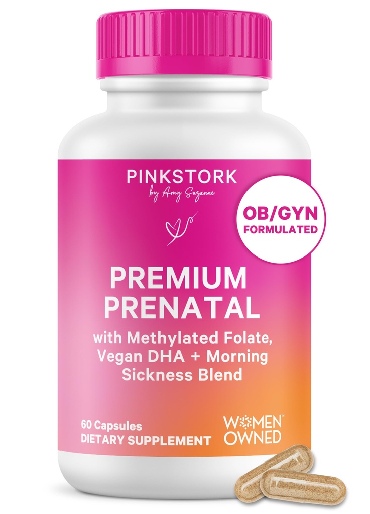 Pink Stork Premium Vitamina Prenatale per le donne - Ingredienti integrali organici, Multivitamin & Probiotics - Mattina Malattia, Digestione, & Energy - Folate, B6, & Iron - 60 Capsule