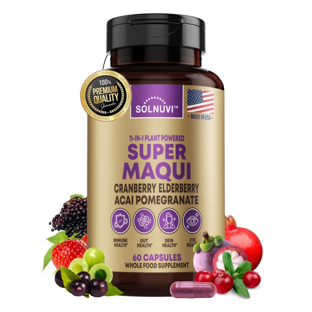 Organic Super Maqui Berry Capsule - Superfood Powder - Estratto di sambuco, mirtillo, melograno, acai - Supporto per occhi e lacrime secchi, Gut Health, Skin - 60 capsule vegane, Non OGM, Integratore senza glutine