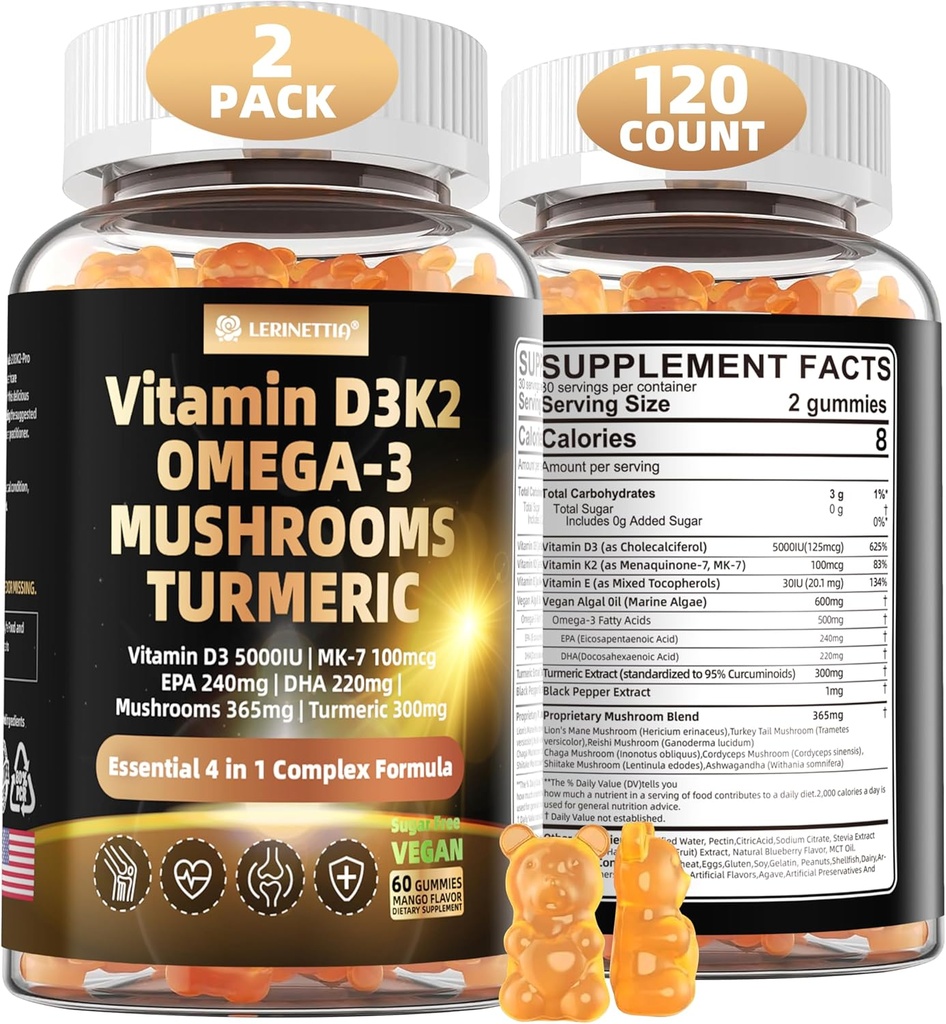 Vitamina D3 5000iu(125mcg) + Vitamina K2(MK7) Gummies con Algae Omega 3 | Vitamina di Forza Massima D3+K2 | per Bone, Teeth, Energy, Immune, Assorbimento di Calcio - Vegan, Senza zucchero, 120Ct