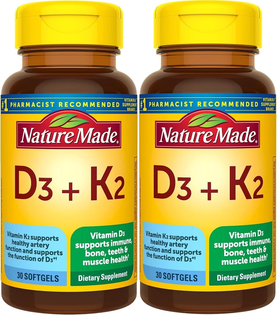 Vitamina D3 K2, 5000 IU (125 mcg) Vitamina D, Supplemento dietetico per Bone, denti, muscolo e assistenza sanitaria immunitaria, 30 Softgels, 30 giorni di alimentazione - Confezione da 2