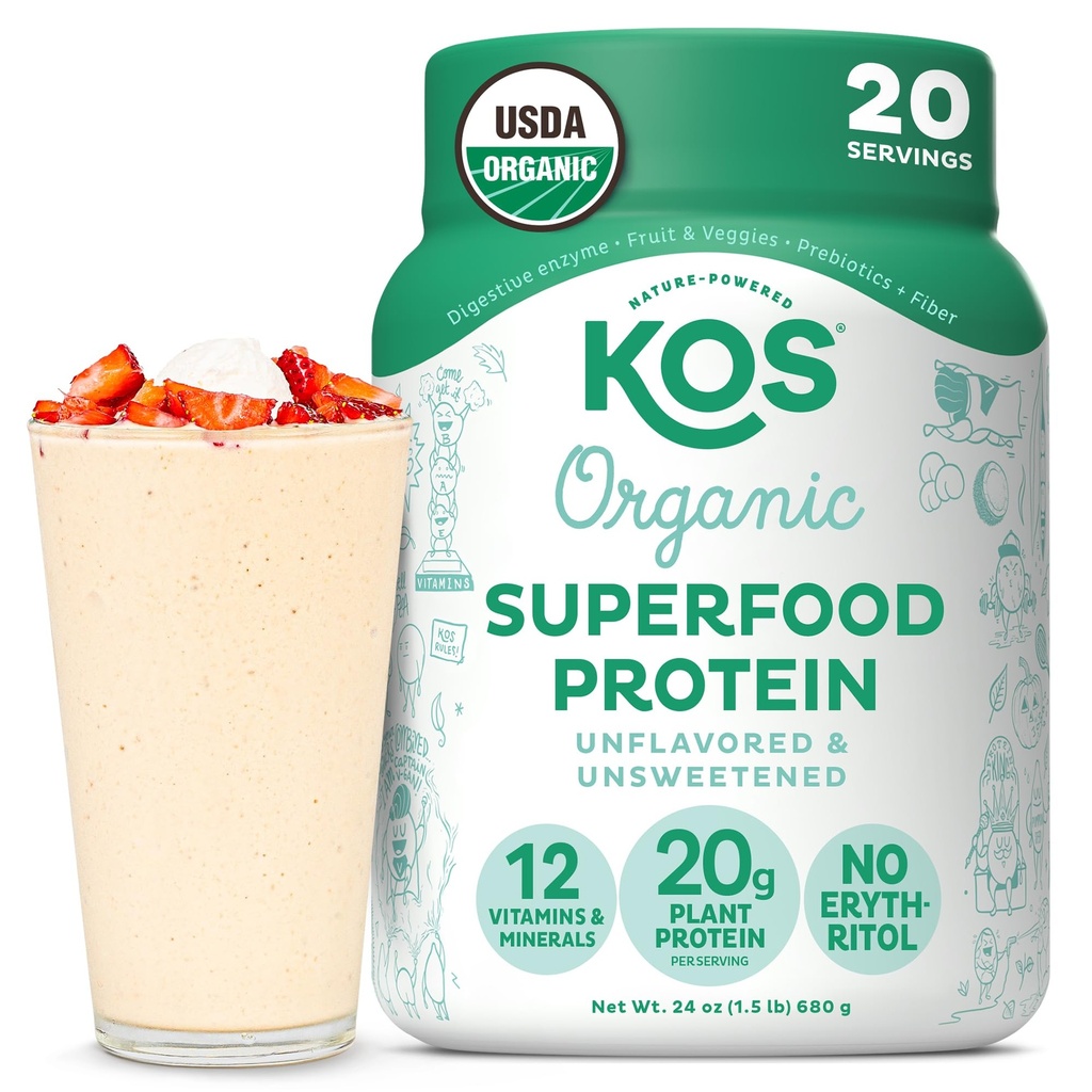 KOS Vegan Protein Powder, Unflavored & Unsweetened - Low Carb Pea Protein Blend, Organic Superfood Rich in Vitamine & Minerali - Keto, Soia, Latticini Free - Meal Sostituzione per Donne & Uomini - 20 Serve