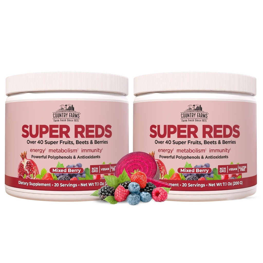COUNTRY FARMS Super Reds, Energizing Polyphenol Superfood, Oltre 40 Super Fruits and Berries, Potenti Antiossidanti e Polifenoli, Supporta l'Energia, Supporta la Circolazione, 40 Serve, Bacche miste