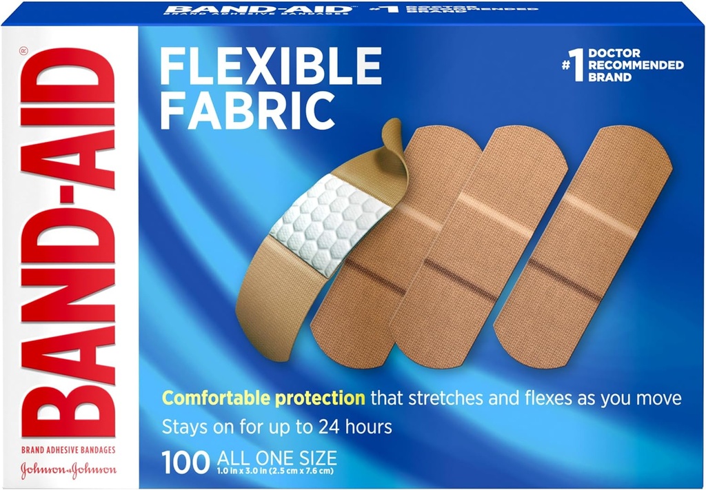 Banda-Aid di marca flessibile tessuto sterile adhesive Bandages, Comodo Cuscinetto Cuscino & Protezione per tagli minori, Scrapes & Burns, Primo soccorso, Hurt-Free Comfort Pad, One Size 1x3 In, 100 Conte