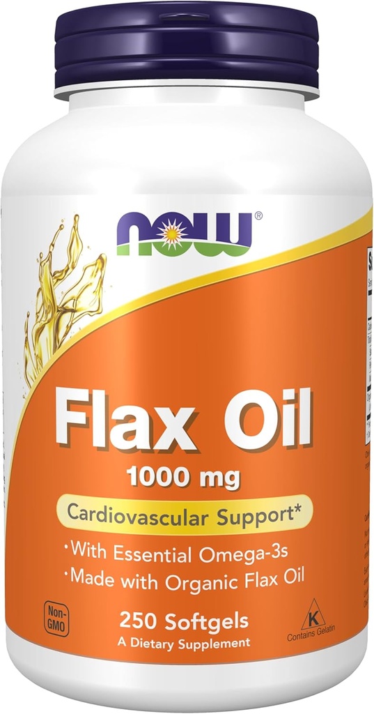 NOW Integratori alimentari, Olio di lino 1.000 mg realizzato con olio di lino biologico, supporto cardiovascolare*, 250 Softgels