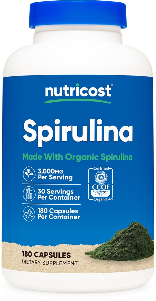 Nutricost Spirulina 3.000mg, 180 Capsule per 30 Serve - Certificato CCOF con Spirulina Organica, Senza Glutine, Vegetariano