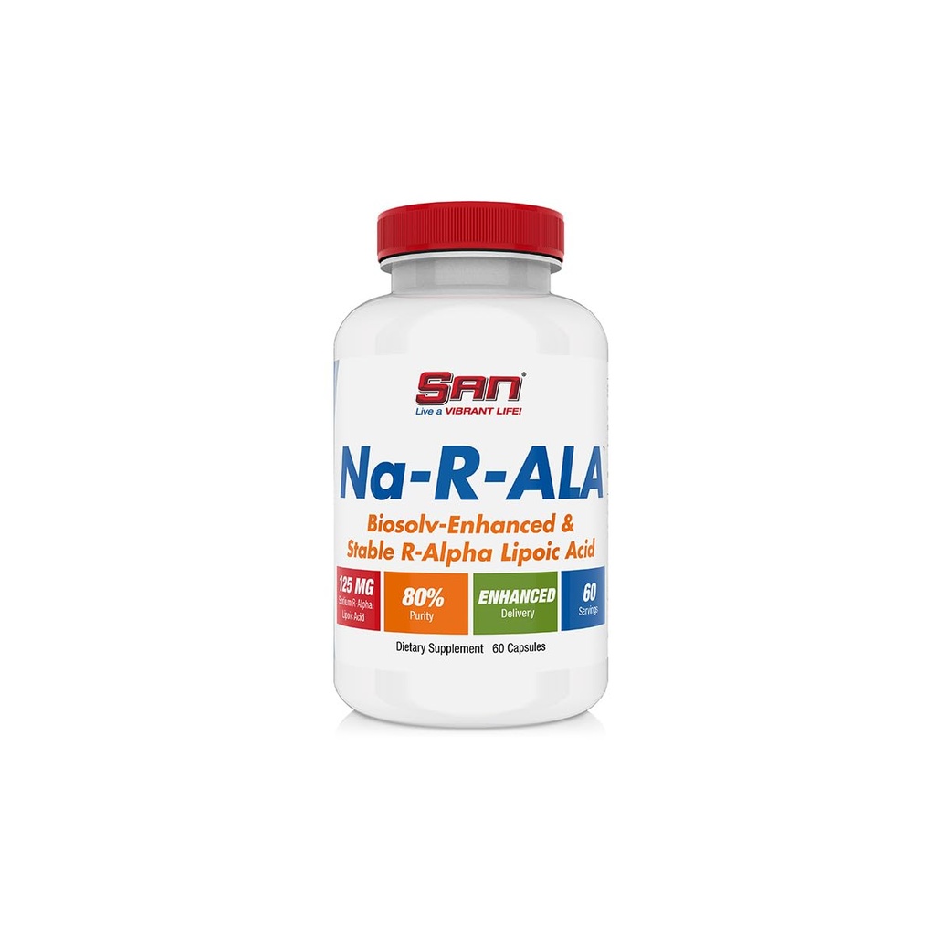 SAN Na-R-ALA - Acido lipoico stabilizzato R-Alpha 125 mg per porzione [Alta potenza & assorbimento aumentato], 60 capsule