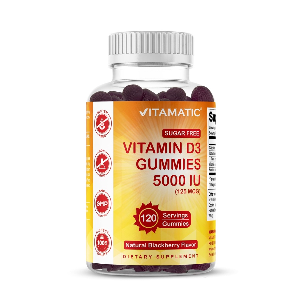 Vitamatic Sugar Free Vitamin D3 5000 IU - 120 Gummies - Grande Gusto - Bones sano, Mood & Immune Funzione di sistema - Non OGM - 120 Serve (5000 IU)