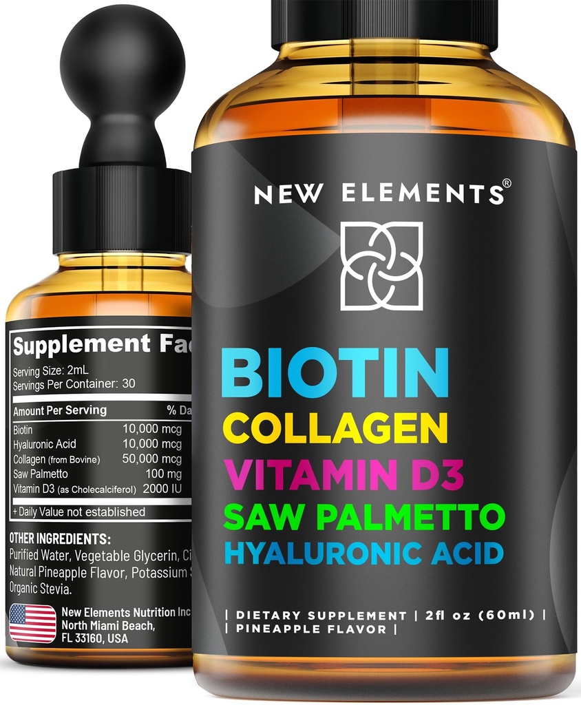 Biotina liquida per la crescita dei capelli Donne & Uomini 10000mcg | Integratori di biotina e collagene con acido palmetto e ialuronico | Gocce di biotina per la crescita dei capelli con vitamina D3 per la pelle dei capelli e le unghie