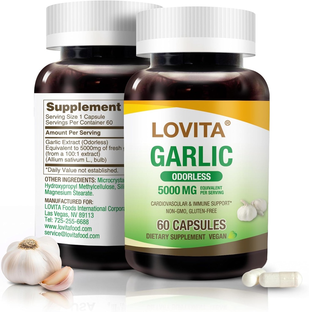 Lovita Odorless Aglio Capsule, 5000mg Aglio fresco Equivalente, 1,25% Allicin Extract, Supporta Cuore, Pressione Sangue, Colesterolo & Immune System, Non-GMO, Gluten-Free, 60 Vegan Capsule