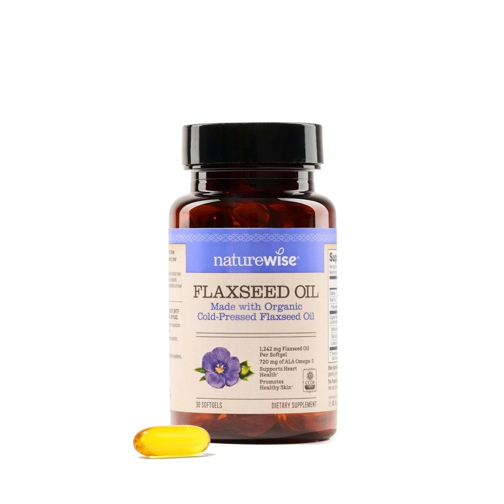 NatureWise Flaxseed Oil 1200 mg, Fish Free Omega 3 6 9 con 720mg ALA, Integratore alimentare per il supporto per la salute del cuore - Organico, Pressato a freddo, Non OGM - 30 Softgels[1-Month alimentazione]