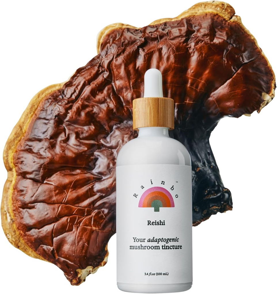 Rainbo - Reishi Mushroom Tincture - Dual Extract Mushroom Supplement - Supporto immunitario, Mood, Sonno, Liquid Reishi Supplement, Vegan, Non OGM, 3.4 fl oz